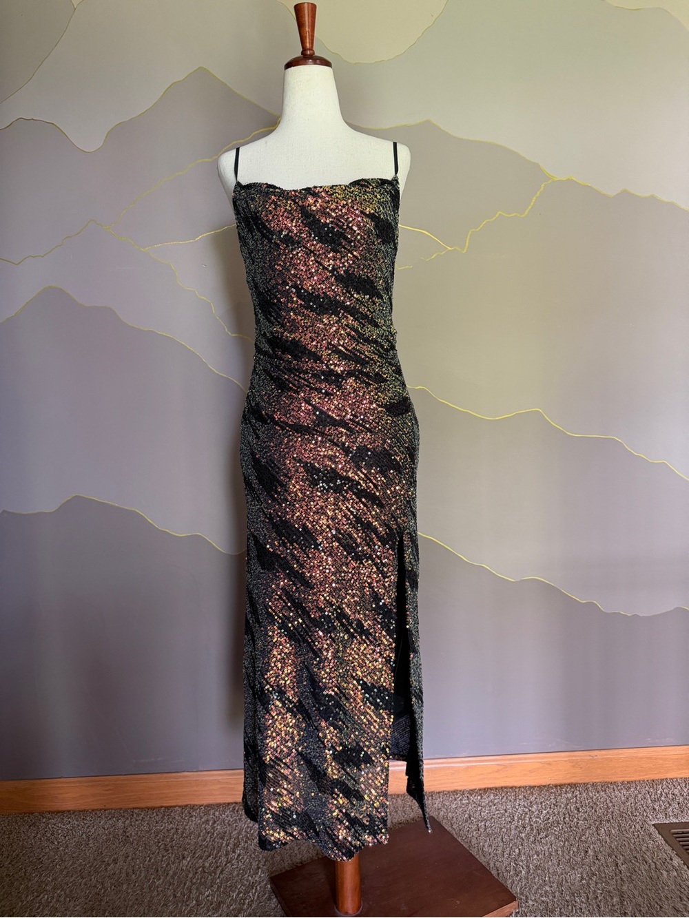 Astr Black Maxi Slip Dress with Rose Gold Sparkle